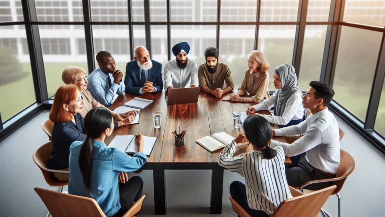 Diverse group of professionals engaged in a meeting around a wooden table, focused on discussions with a laptop and notebooks present.